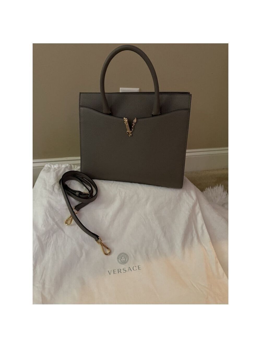 Versace Virtus Grainy Calf Leather Grey Large Top Handle Bag NWT $ 2100 Retail - Picture 3 of 10